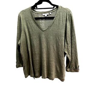 Chico’s size 3/XL army green 100% linen 2/3 button cuff sleeve v neck top